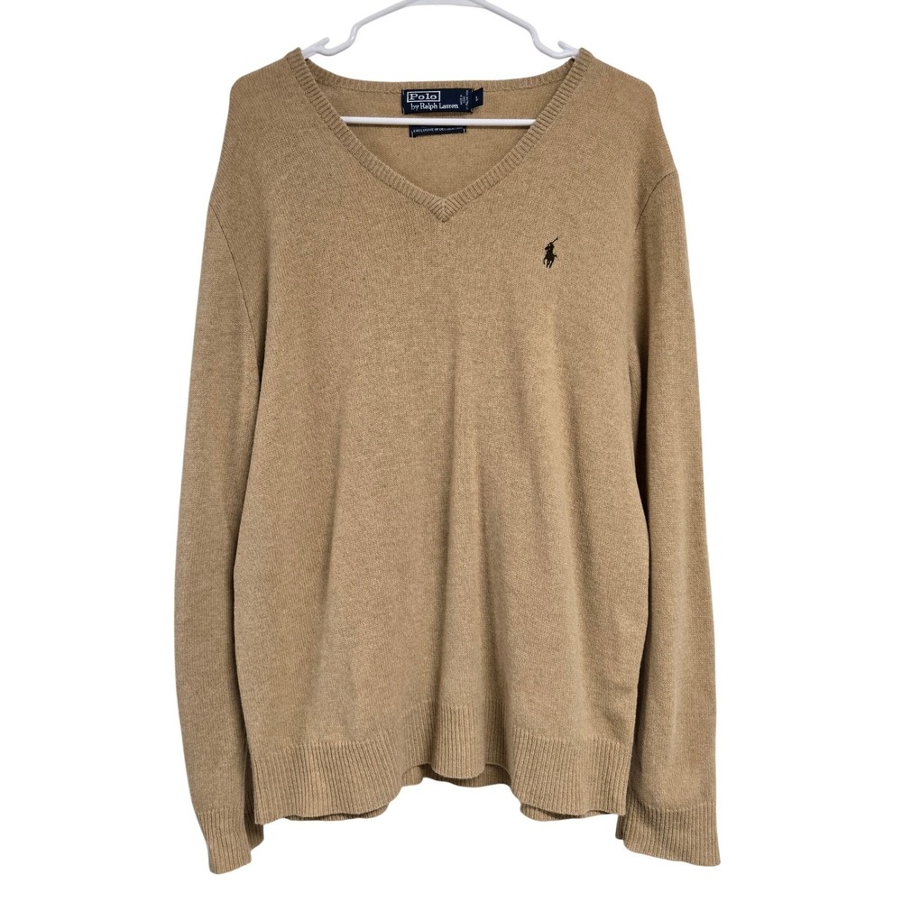 Polo Ralph Lauren V-Neck Knit Sweater Tan 100% Lambswool Classic‎ Men's Size L
